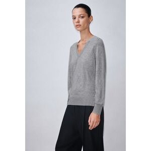 NWT $995 Partow Franca Sweater Dove Grey Melange‎ Tissue Virgin Wool V-Neck L